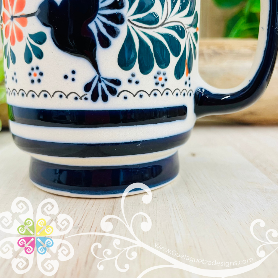 Navy Blue / Orange Flower Taza Capuchino Colibri - Barro Alta Temperatura - Single Clay Mug