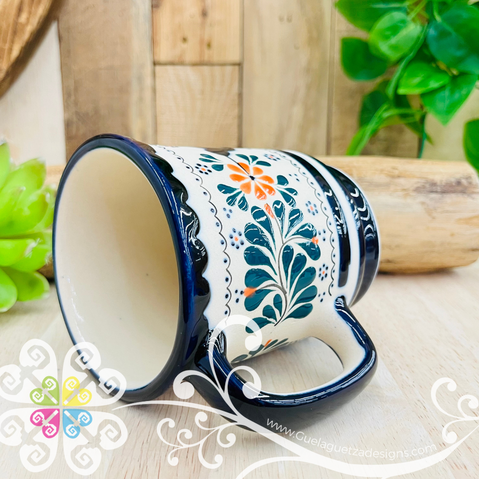 Navy Blue / Orange Flower Taza Capuchino Colibri - Barro Alta Temperatura - Single Clay Mug