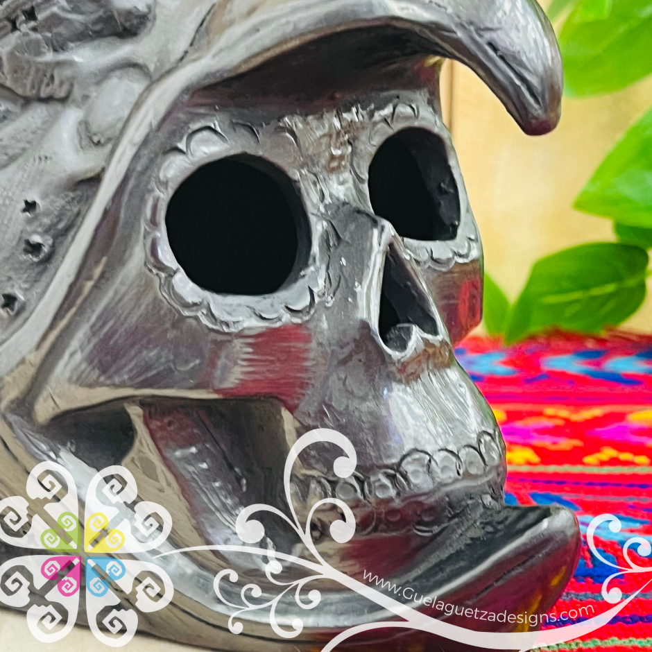 Large Eagle Warrior Skull  - Black Clay Oaxaca