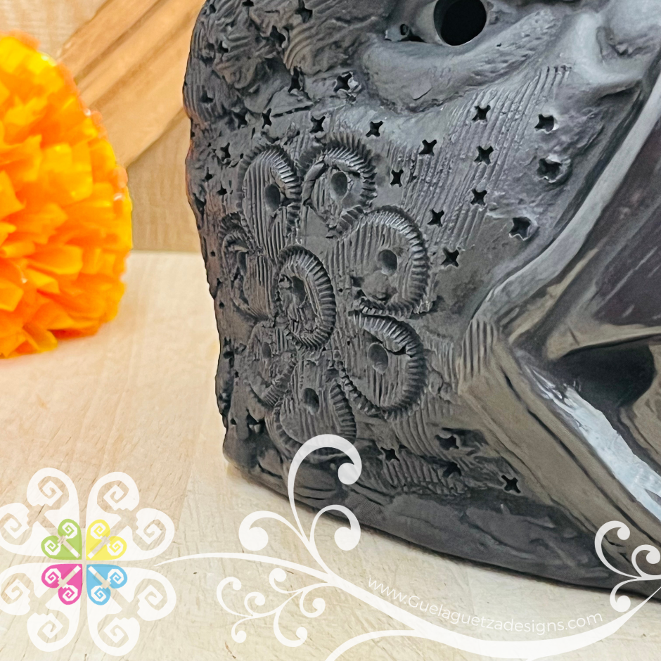 Large Eagle Warrior Skull  - Black Clay Oaxaca