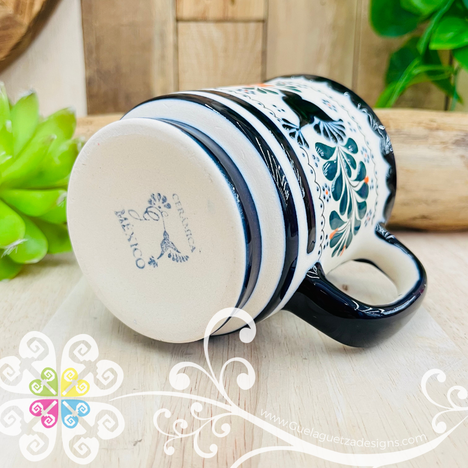 Navy Blue / Orange Flower Taza Capuchino Colibri - Barro Alta Temperatura - Single Clay Mug