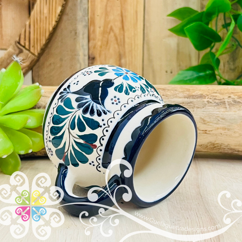Navy Blue Blue Flower Taza Ponchera Colibri - Barro Alta Temperatura - Single Clay Mug