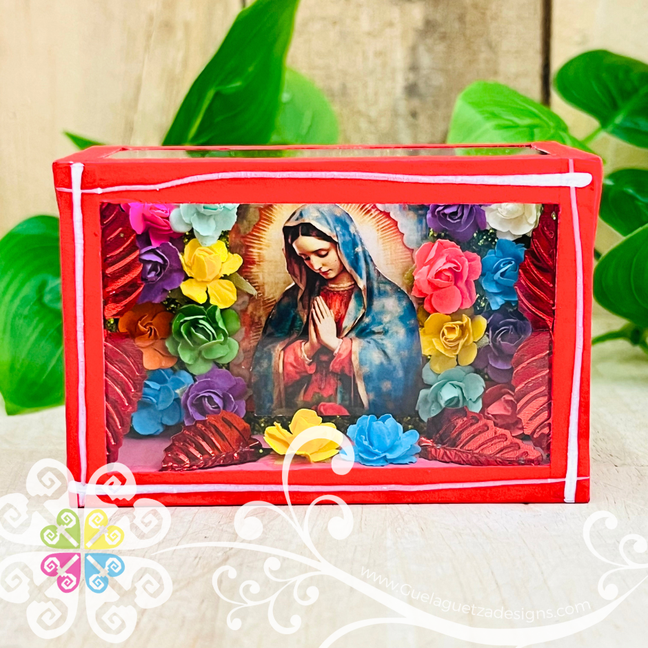Red Mini Square Virgen de Guadalupe Mexican Box Decor - Cajita Decorativa Barro Cocido