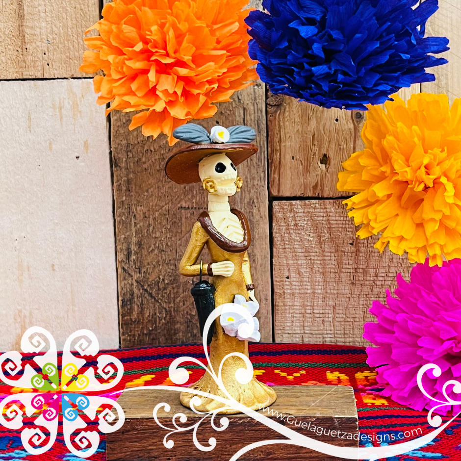 Mini Gold/Brown Fina Clay Catrina Michoacana - Capula Clay Home