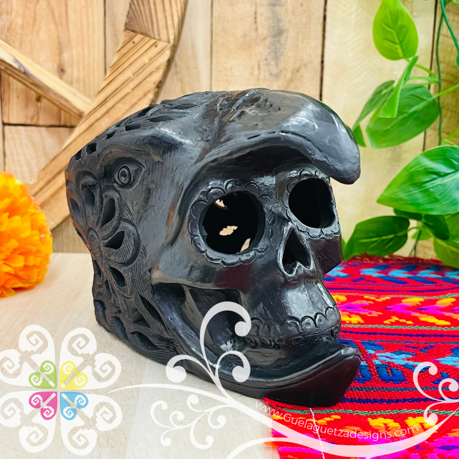 Large Eagle Warrior Skull  - Black Clay Oaxaca
