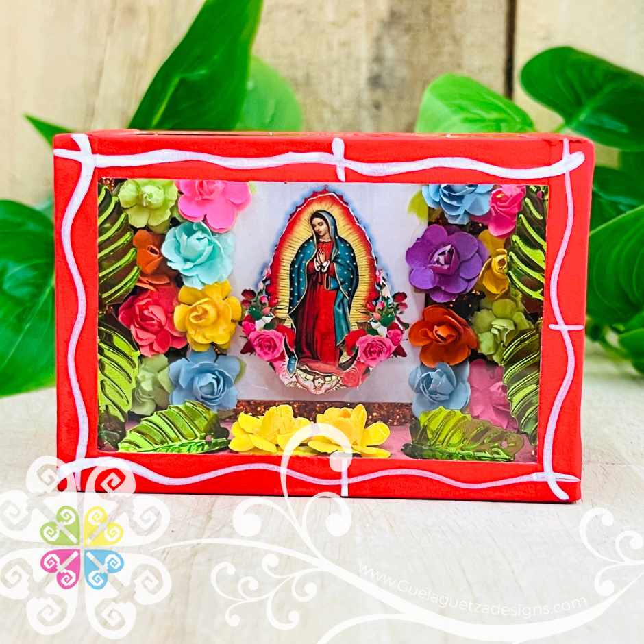 Red Mini Square Virgen de Guadalupe Mexican Box Decor - Cajita Decorativa Barro Cocido