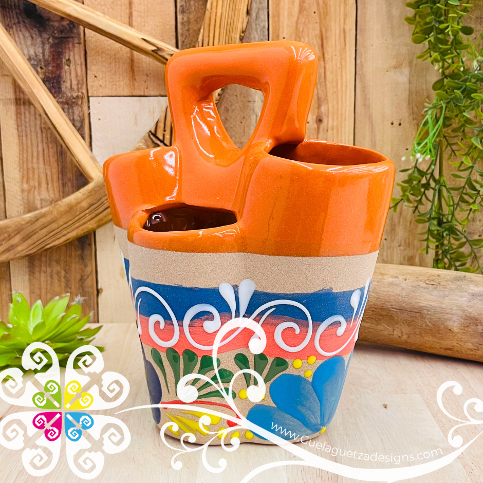Orange Flores Clay Utensil Holder - Spoon Holder