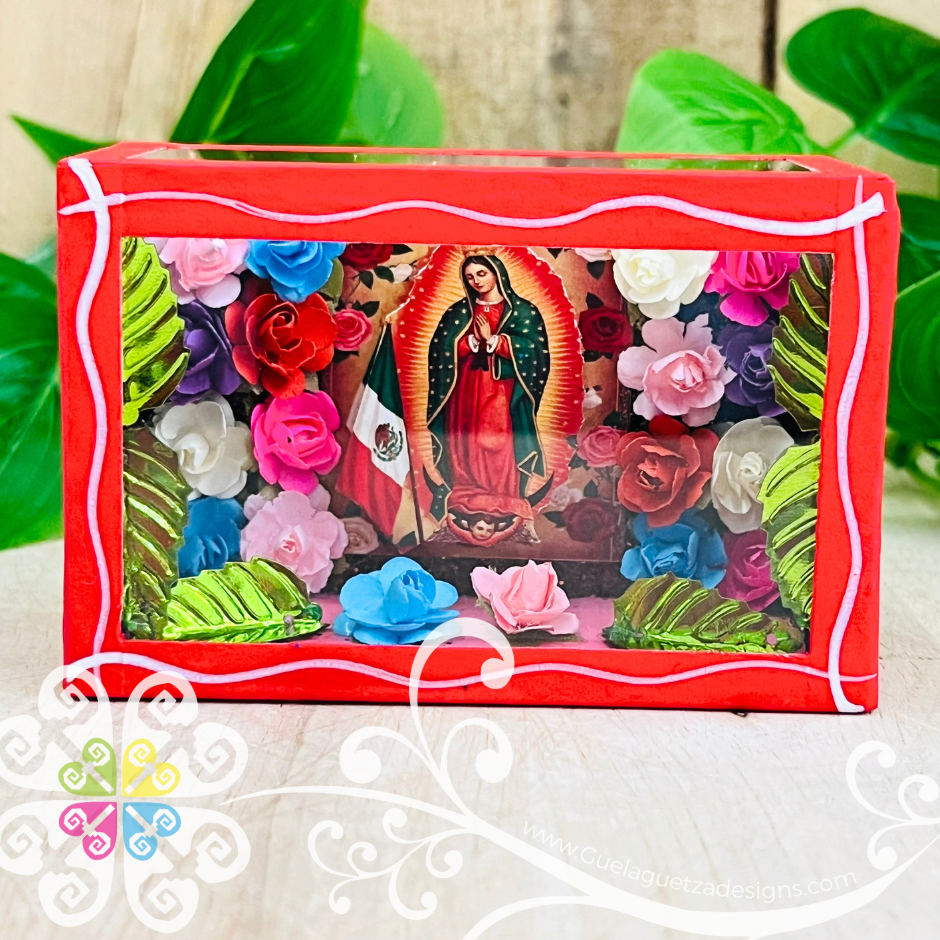 Red Mini Square Virgen de Guadalupe Mexican Box Decor - Cajita Decorativa Barro Cocido