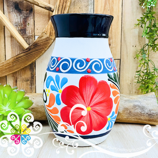 Navy Blue Florero Ovulo Floreado - Mexican Home Décor