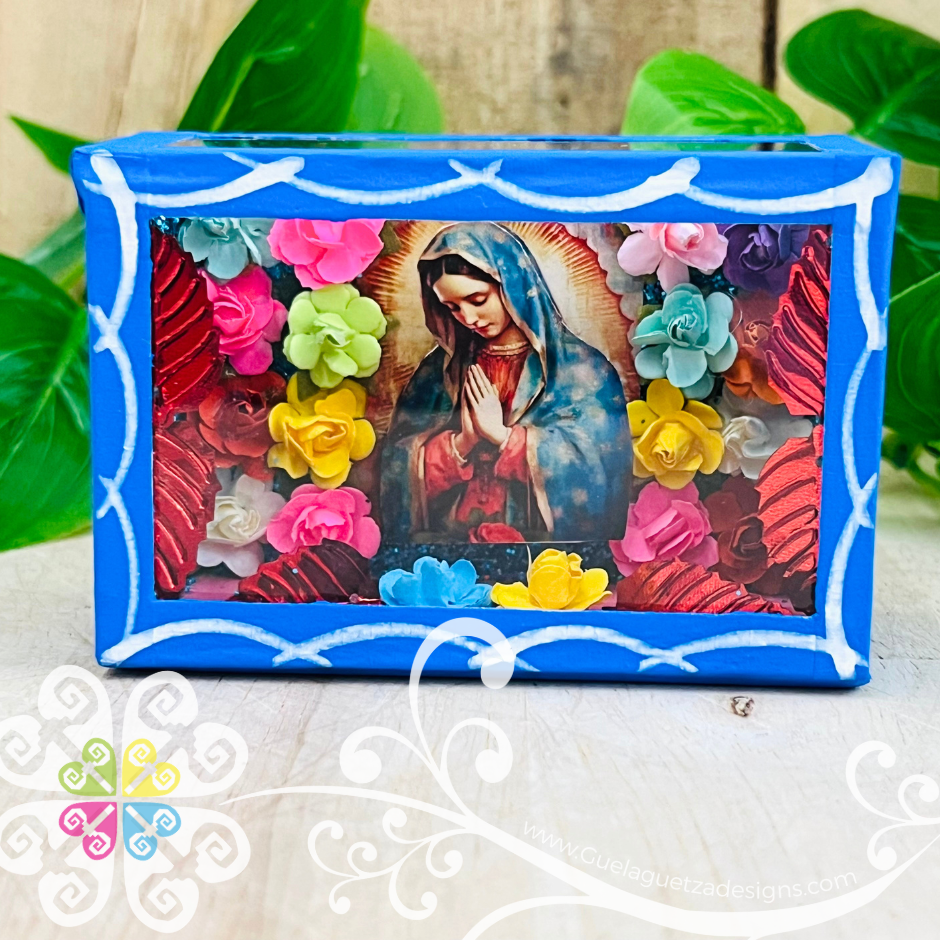 Blue Mini Square Virgen de Guadalupe Mexican Box Decor - Cajita Decorativa Barro Cocido