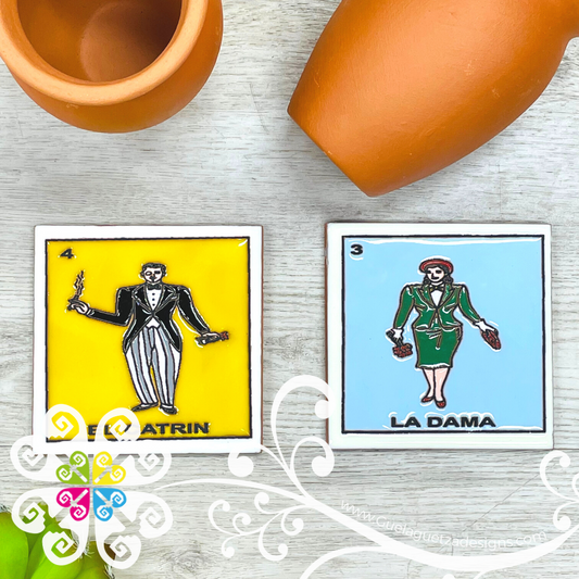 La Dama & El Catrin LoteriaMX -  Set of Clay Coasters