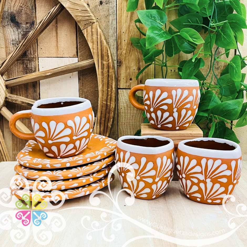 Set of 4 Natural Corazon Clay Plate with Mugs - Set Taza Barro
