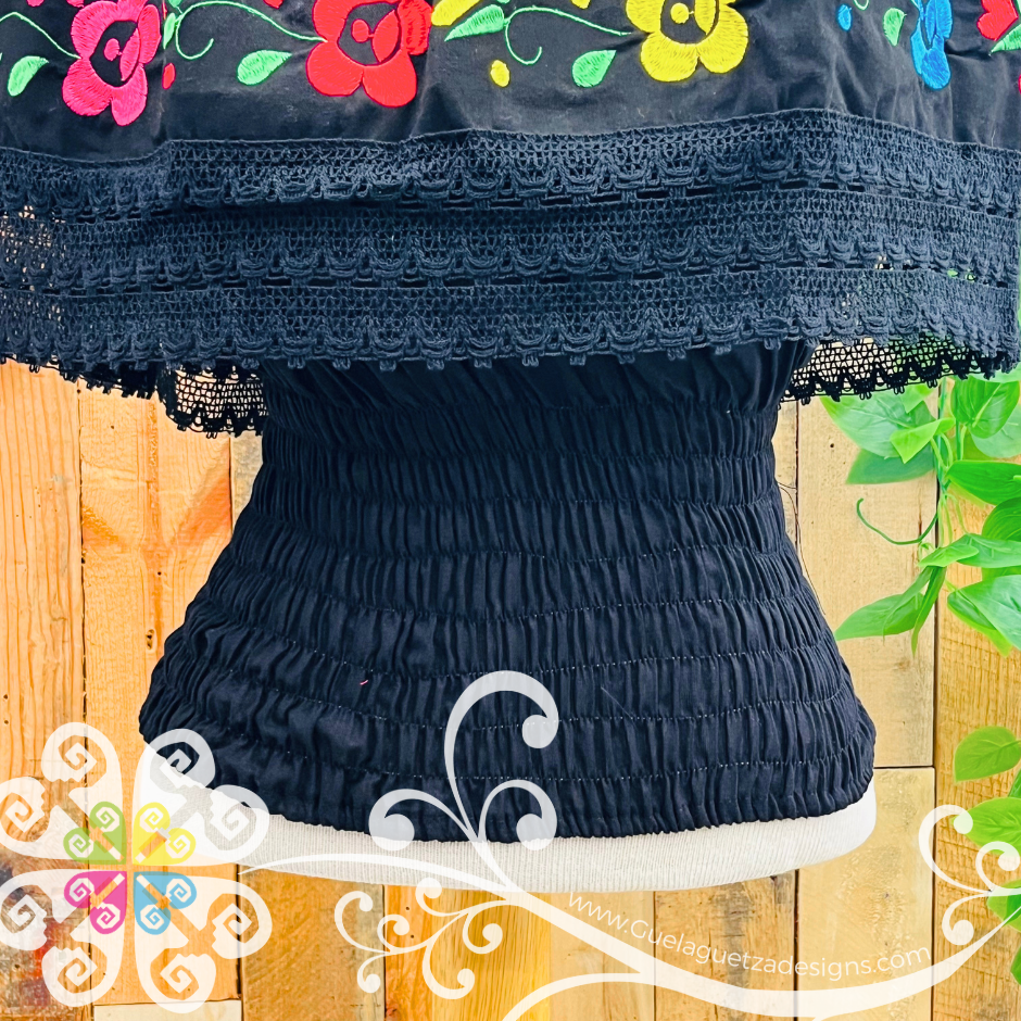 Black Campesina Embroider Crop Top- Women Top
