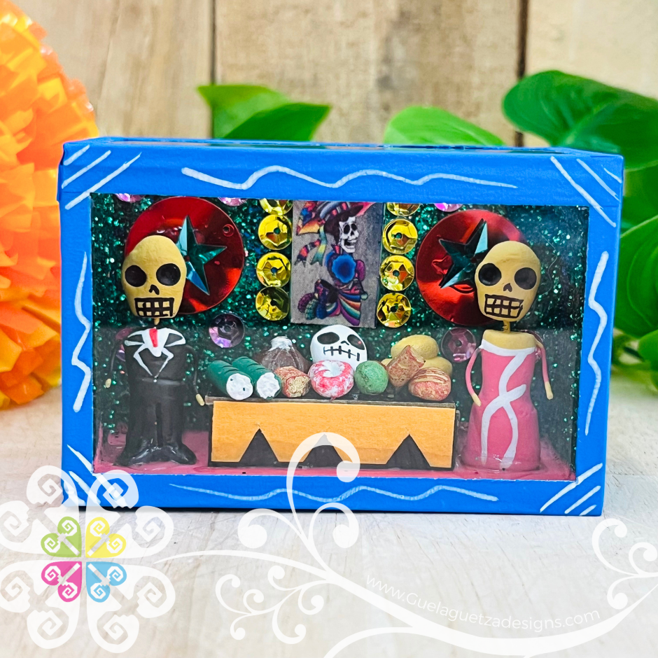 Blue Mini Square Day of Dead Mexican Box Decor - Cajita Decorativa Barro Cocido