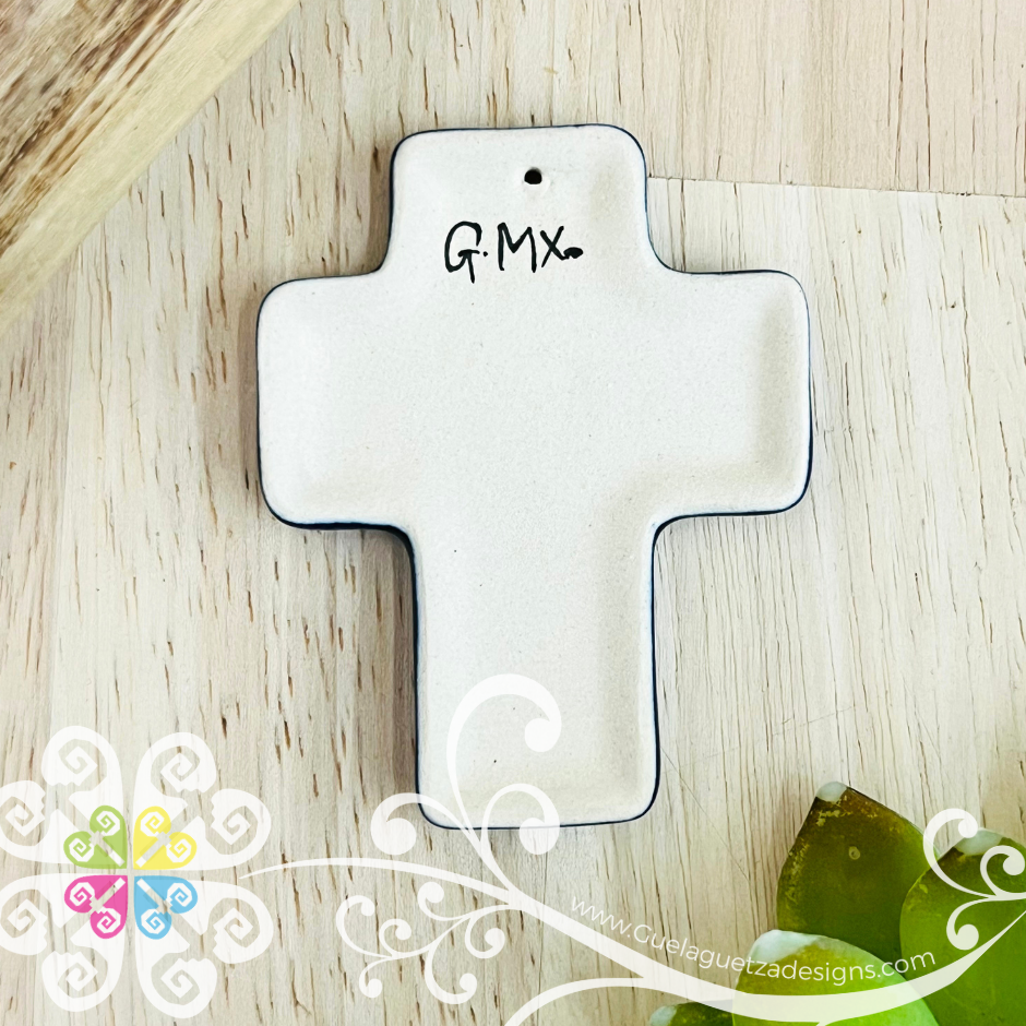 Mini Navy Blue Flower Cross - Barro Alta Temperatura - Home Wall Decor