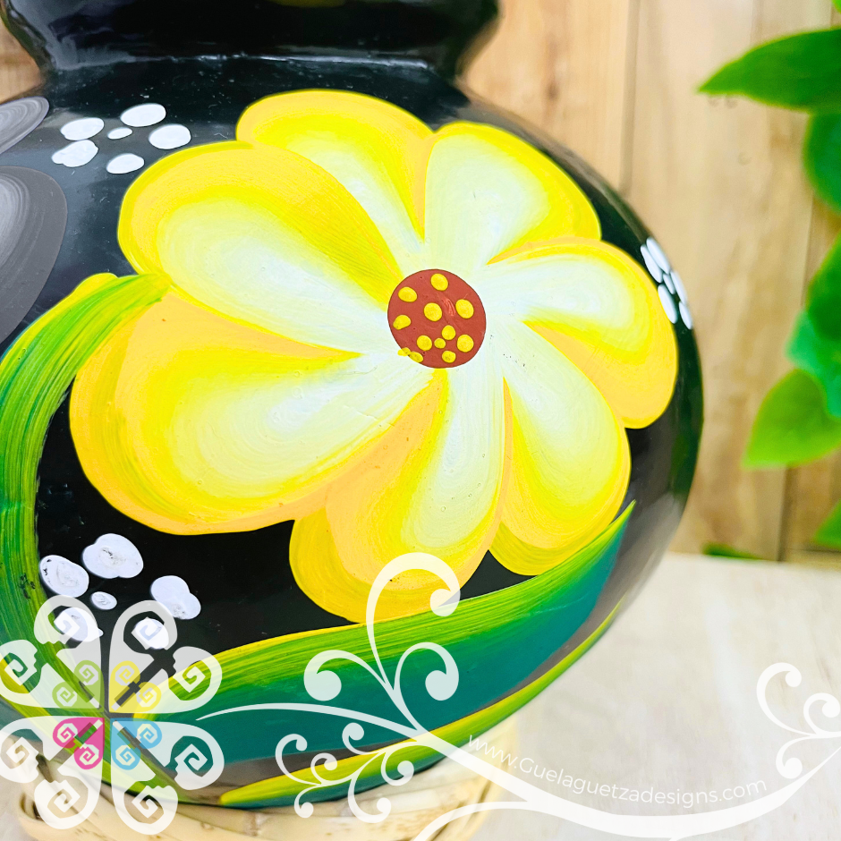 Large Painted Cantarito Black Clay Vase - Barro Negro Oaxaca