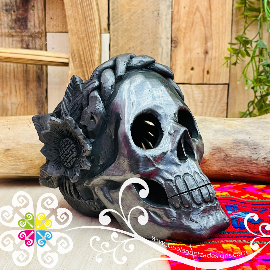 Medium Frida Skull  - Black Clay Oaxaca