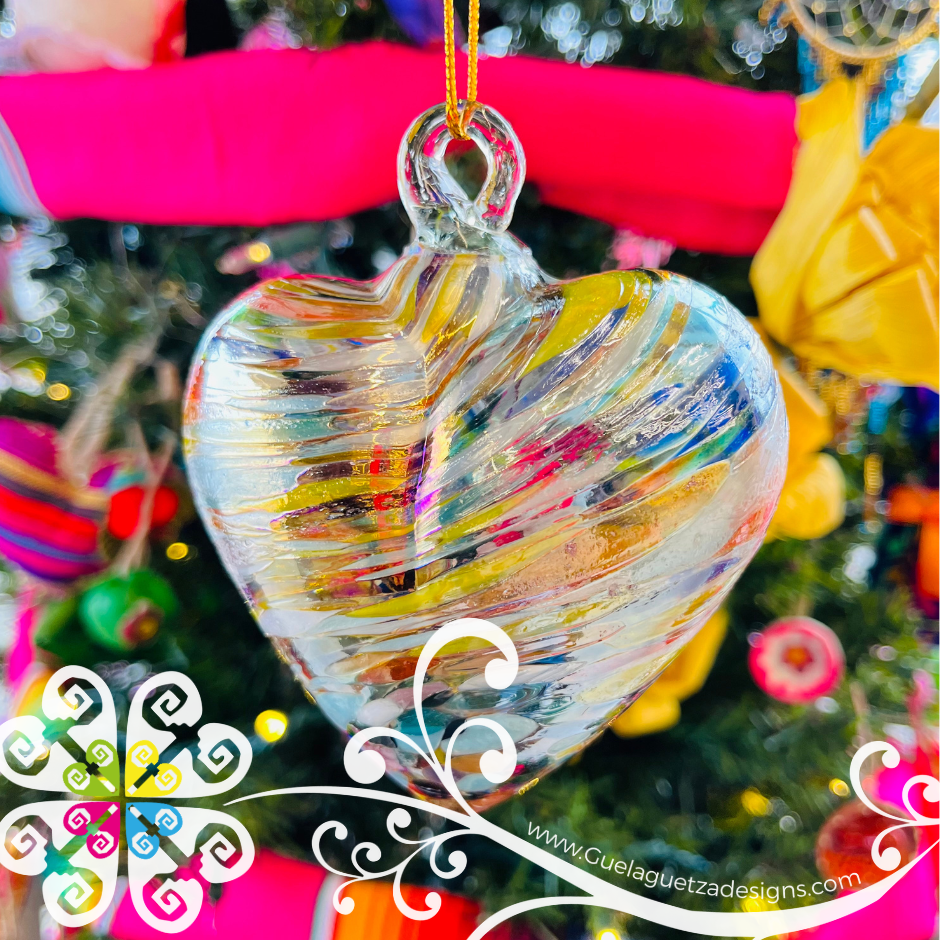 Set of Rainbow Glass Heart Ornaments - Vidrio Soplado