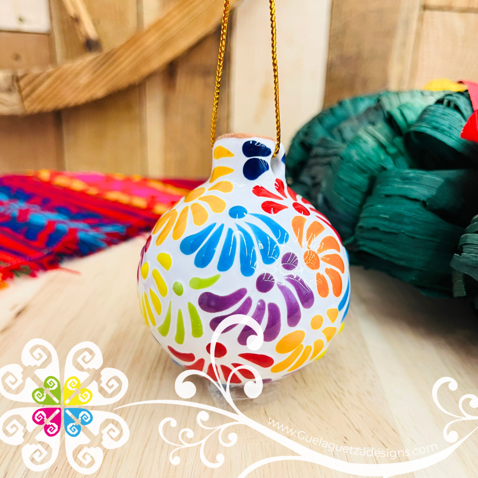 White With Multi Puebla Ornaments - Talavera Christmas Ornaments