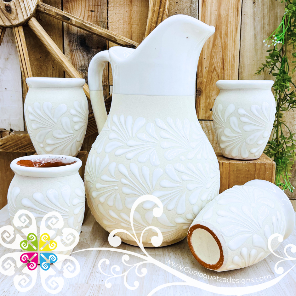 Engobe/White Espiga Pato Pitcher Set - 4 Cantaritos