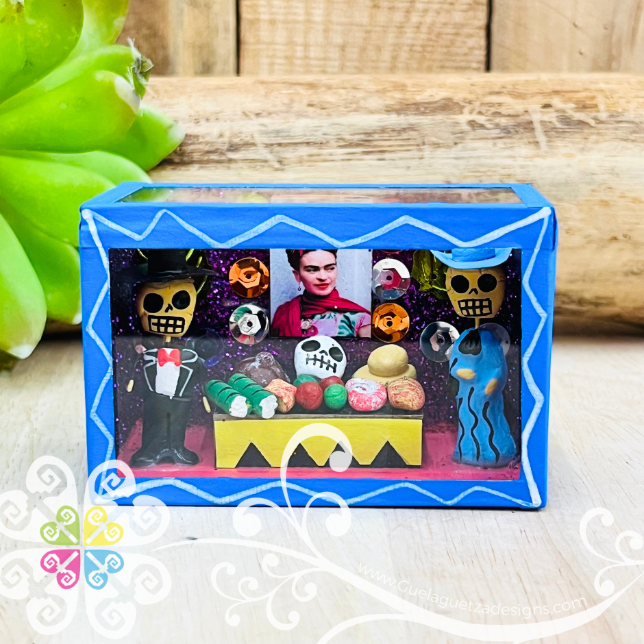 Blue Mini Square Frida Mexican Box Decor - Cajita Decorativa Barro Cocido