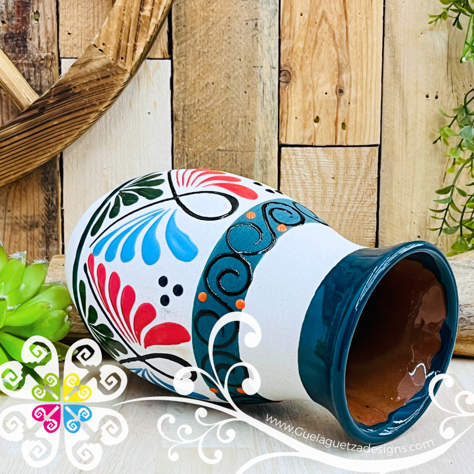Dark Teal Florero Ovulo Floreado - Mexican Home Décor
