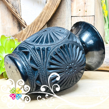 Large Black Flower Clay Vase - Barro Negro Oaxaca