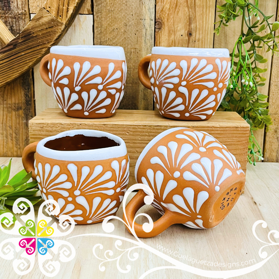 Set of 4 Natural with White Corazon Clay Mugs - Set Taza Barro