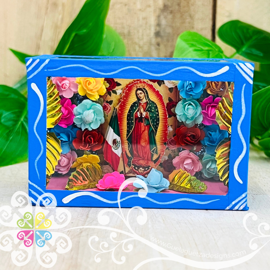 Blue Mini Square Virgen de Guadalupe Mexican Box Decor - Cajita Decorativa Barro Cocido