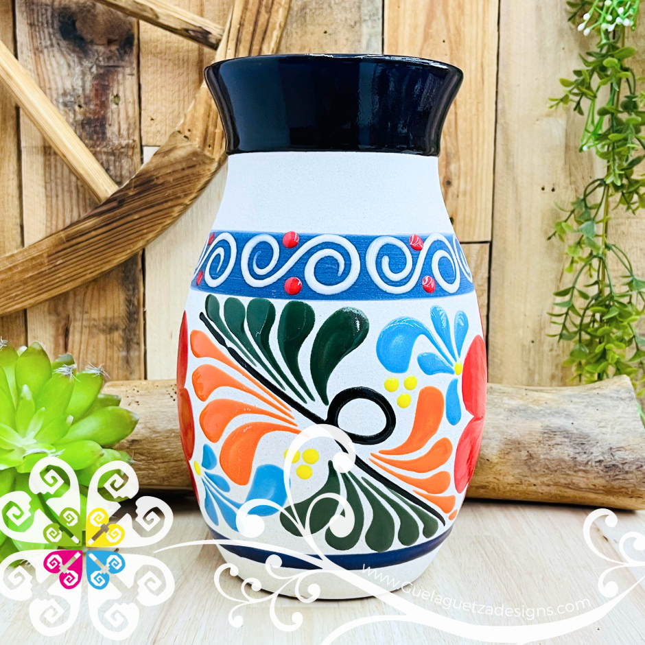 Navy Blue Florero Ovulo Floreado - Mexican Home Décor
