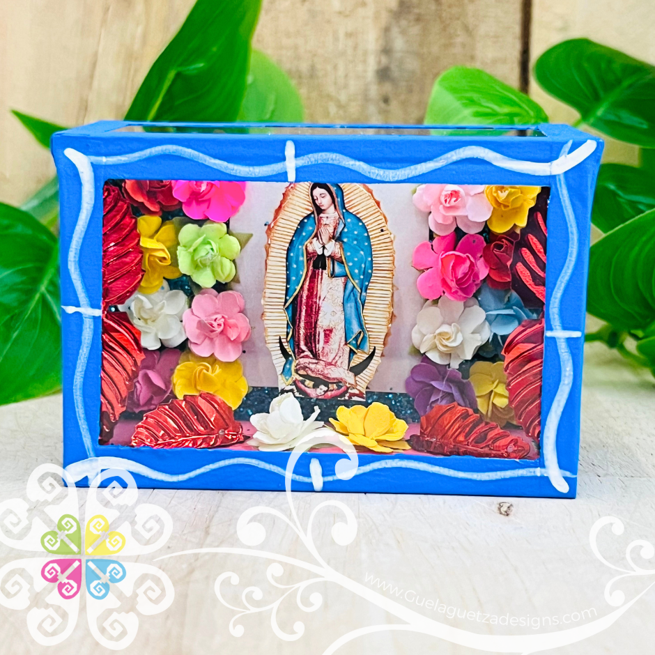 Blue Mini Square Virgen de Guadalupe Mexican Box Decor - Cajita Decorativa Barro Cocido