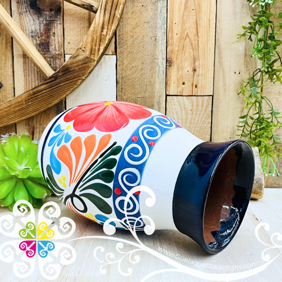 Navy Blue Florero Ovulo Floreado - Mexican Home Décor