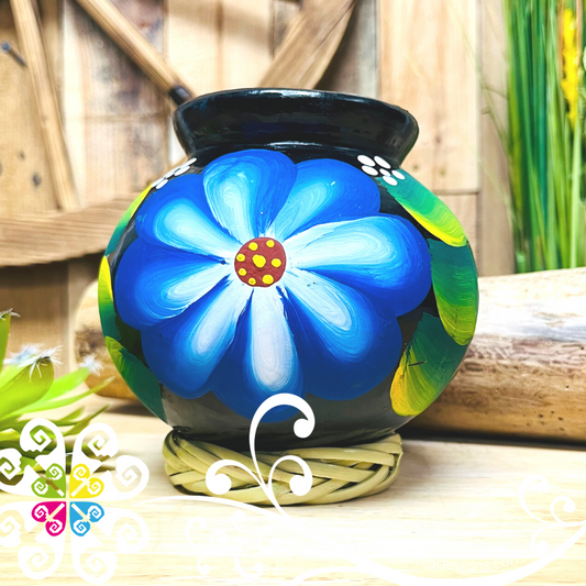 Small Black Clay Cantarito Handpainted Vase - Barro Negro Oaxaca