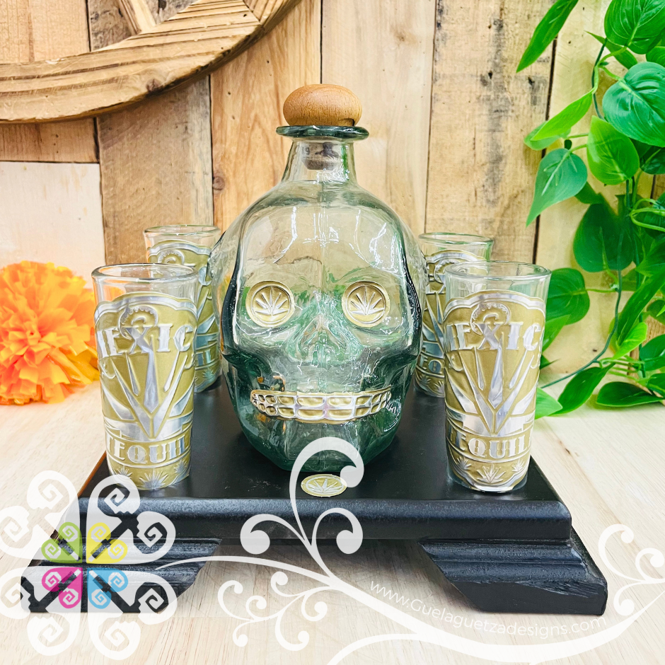 Glass Calavera Tequilero Set - Decorated Glass Bottle Set