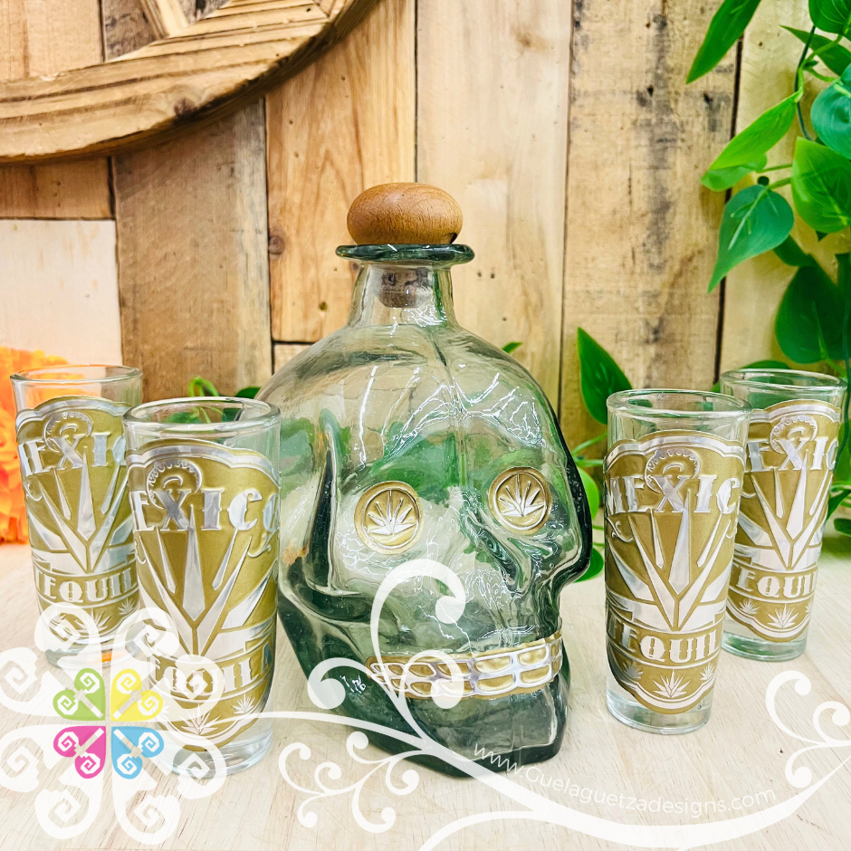 Glass Calavera Tequilero Set - Decorated Glass Bottle Set