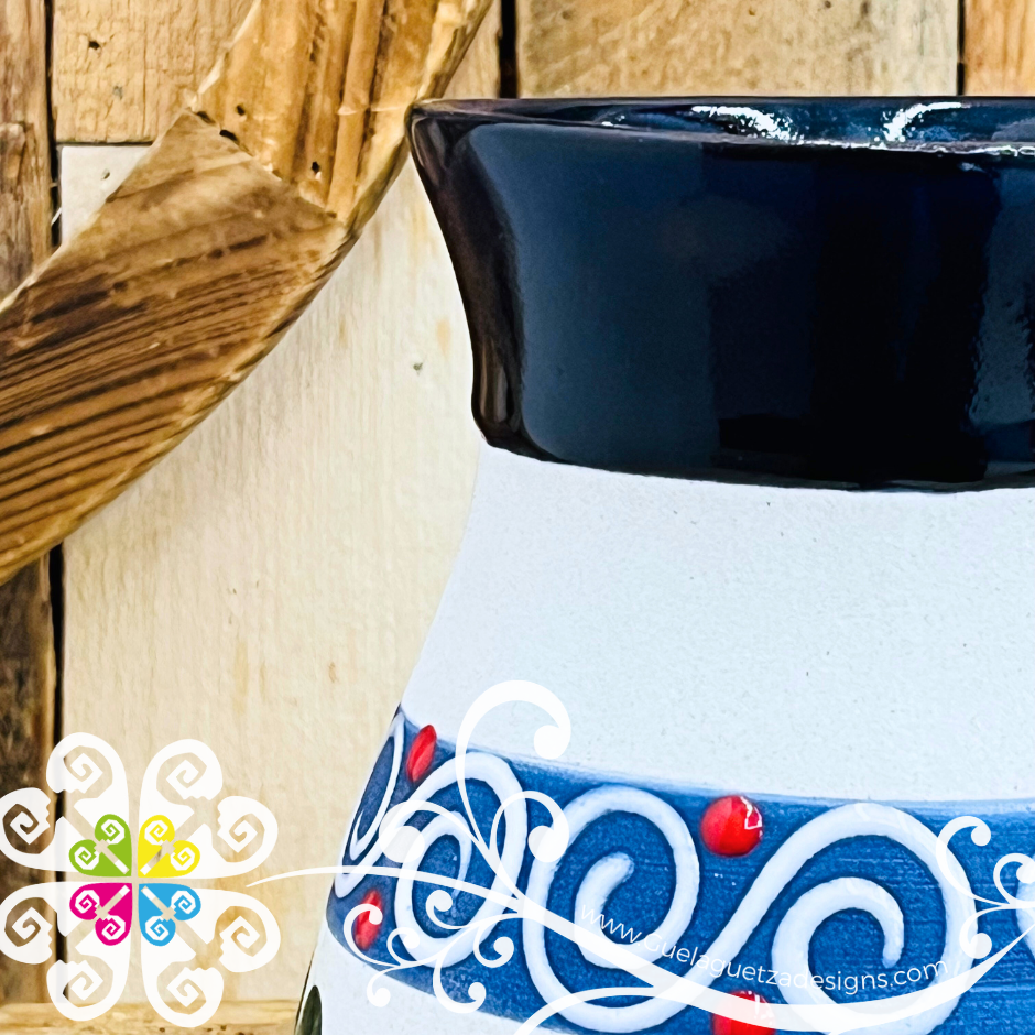 Navy Blue Florero Ovulo Floreado - Mexican Home Décor