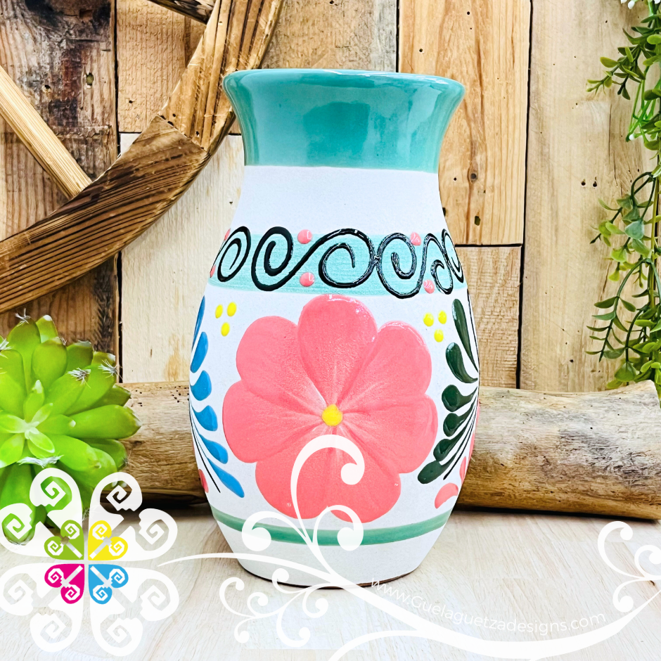 Teal Florero Ovulo Floreado - Mexican Home Décor
