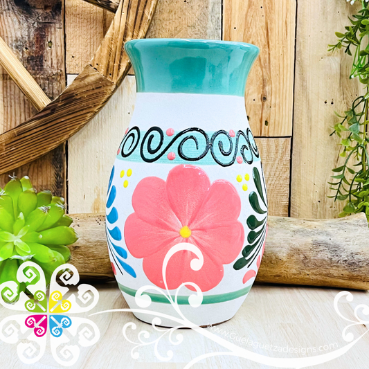 Teal Florero Ovulo Floreado - Mexican Home Décor