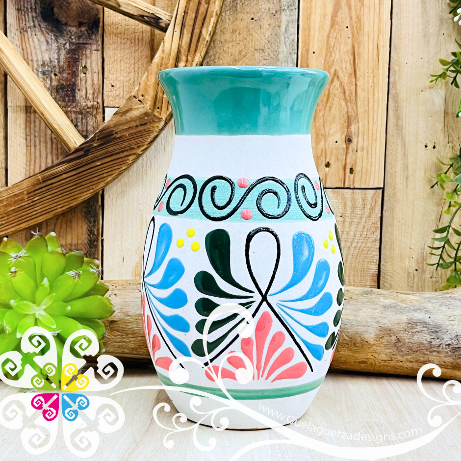 Teal Florero Ovulo Floreado - Mexican Home Décor