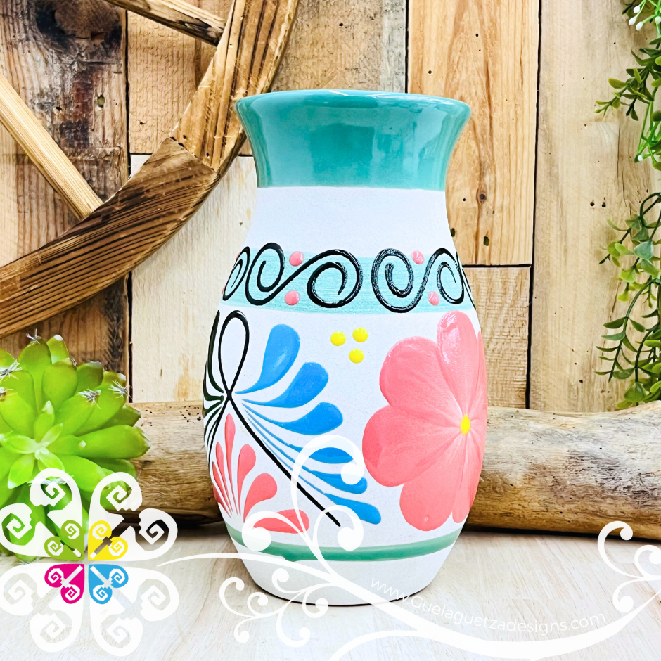 Teal Florero Ovulo Floreado - Mexican Home Décor