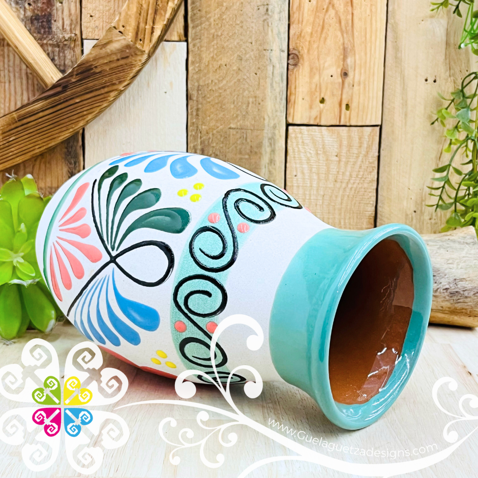 Teal Florero Ovulo Floreado - Mexican Home Décor