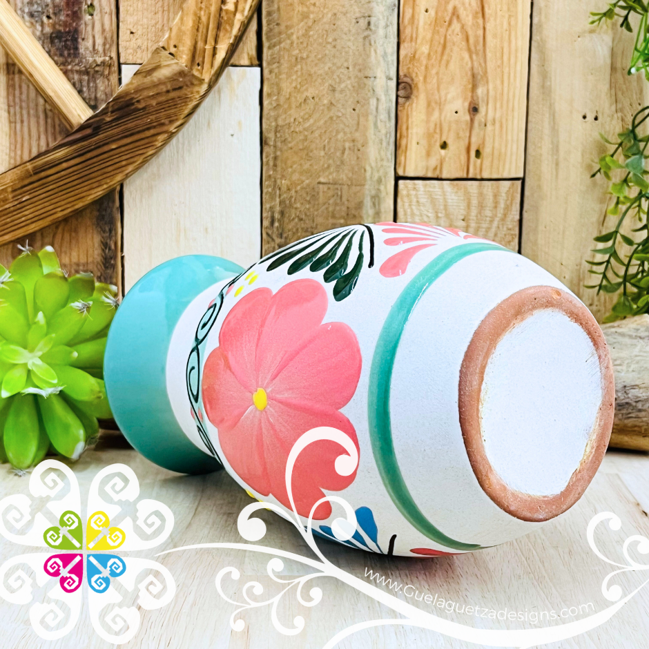 Teal Florero Ovulo Floreado - Mexican Home Décor