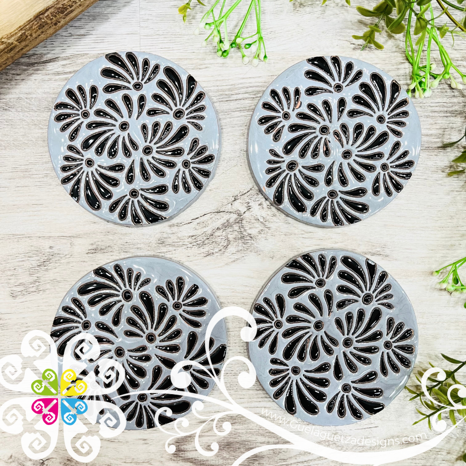 Set of 4 Round Plumeado Coaster Set -  Set of Clay Coasters