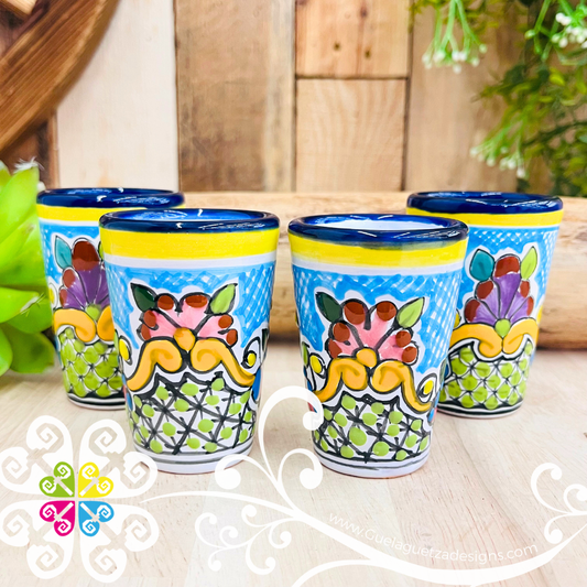Set of 4 Yellow Floral Talavera Tequilero - Set of 4 Shot Glass