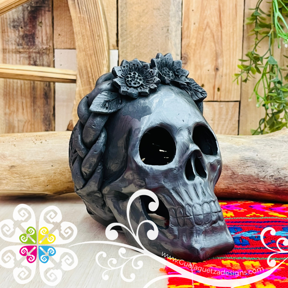 Medium Frida Skull  - Black Clay Oaxaca