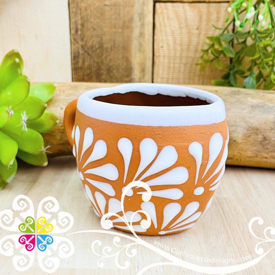 Set of 4 Natural with White Corazon Clay Mugs - Set Taza Barro