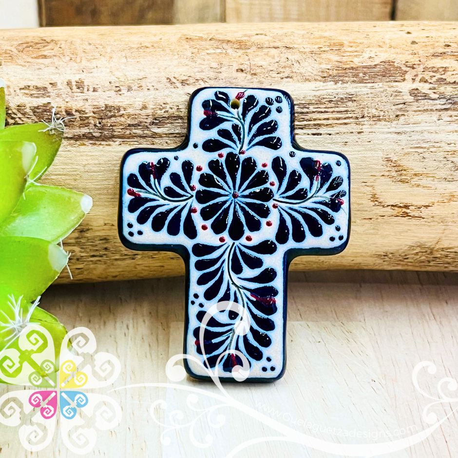 Mini Navy Blue Flower Cross - Barro Alta Temperatura - Home Wall Decor