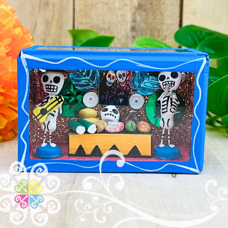 Blue Mini Square Day of Dead Mexican Box Decor - Cajita Decorativa Barro Cocido