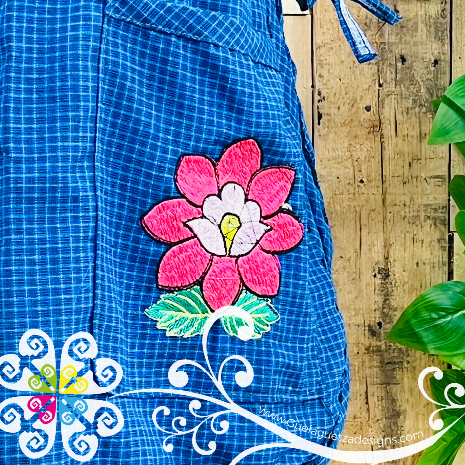 Royal Blue with Pink Orchids Escapulario Embroider Apron - Mandil Artesanal