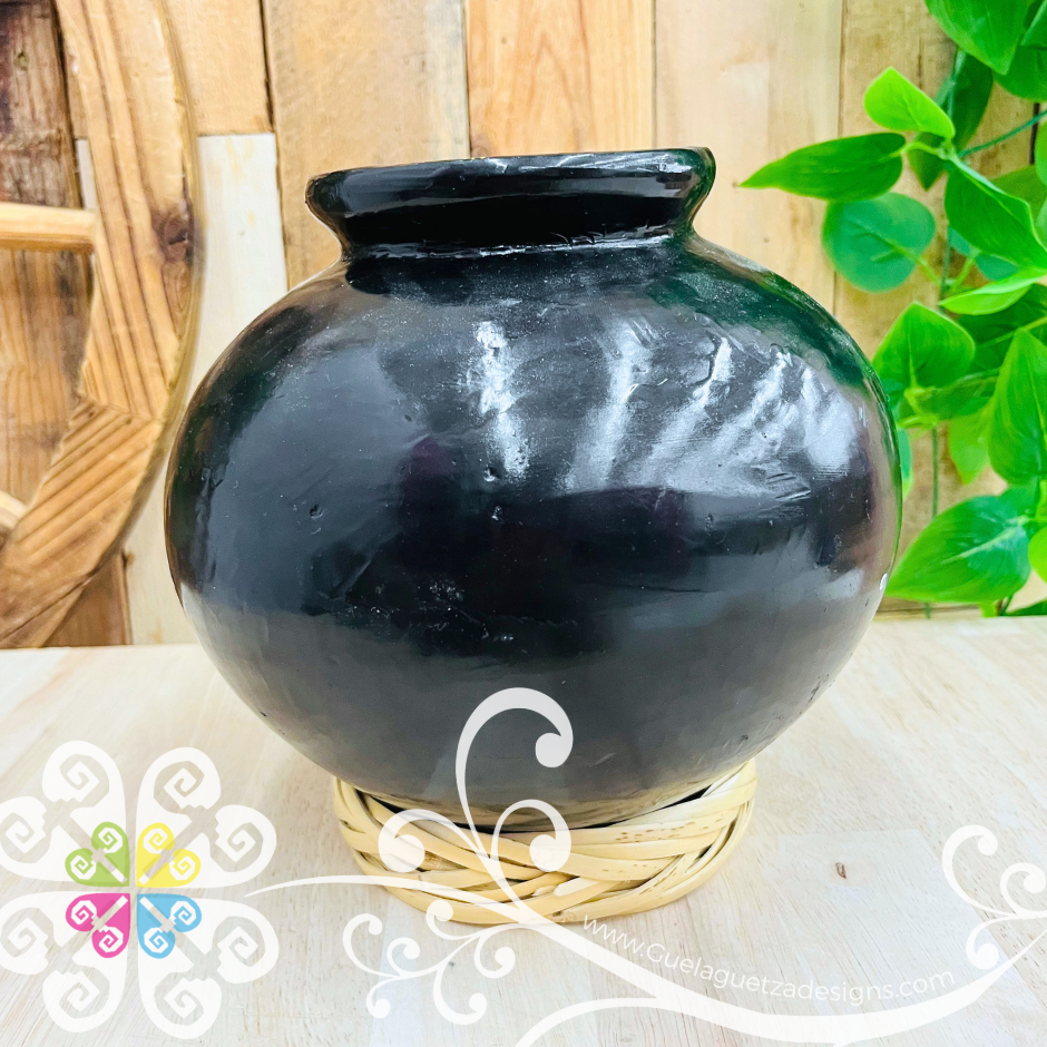 Large Painted Cantarito Black Clay Vase - Barro Negro Oaxaca
